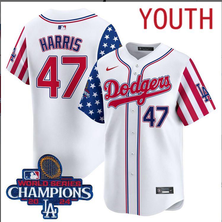 Youth MLB Los Angeles Dodgers #47 Trump American Style white 2024 World Series Champions  Limited Jersey